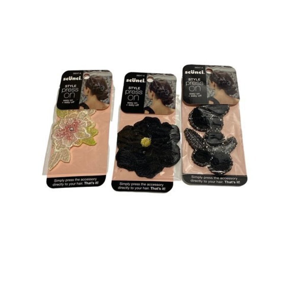 3-Pack Scunci Press On Hair‎ Accessory Flowers Beaded Glitter Sparkle 39247-A